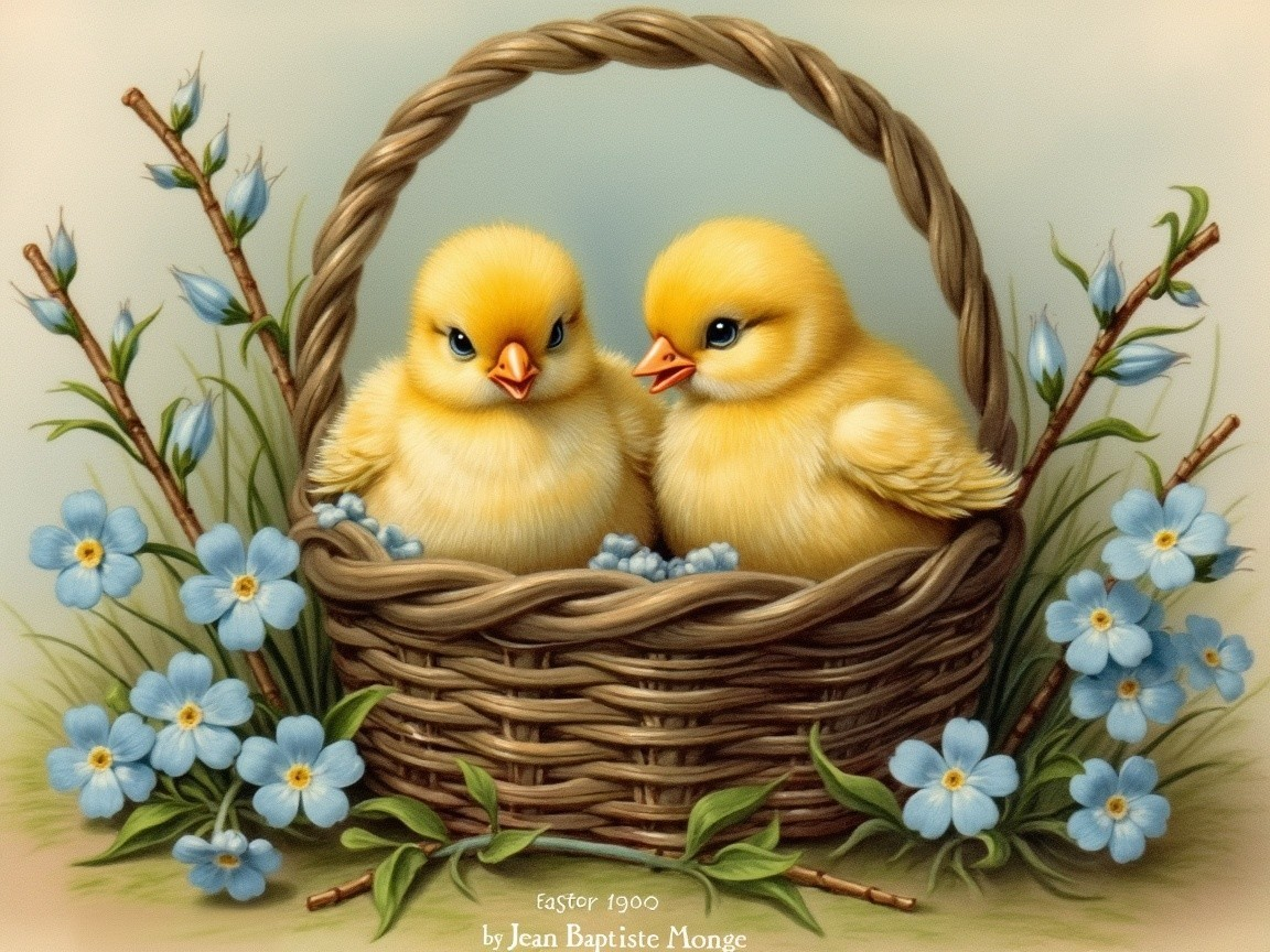 Yellow Chicks in Wicker Basket with Blue Flowers