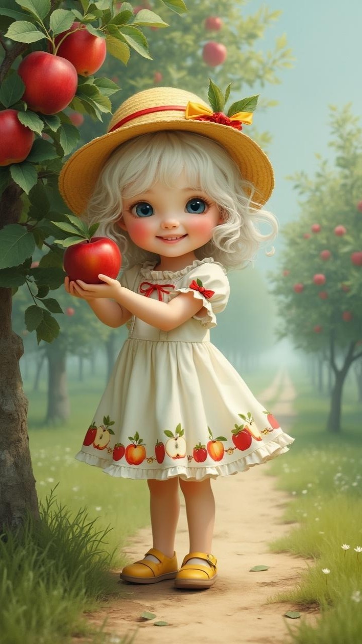 Young girl in apple orchard with curly white hair