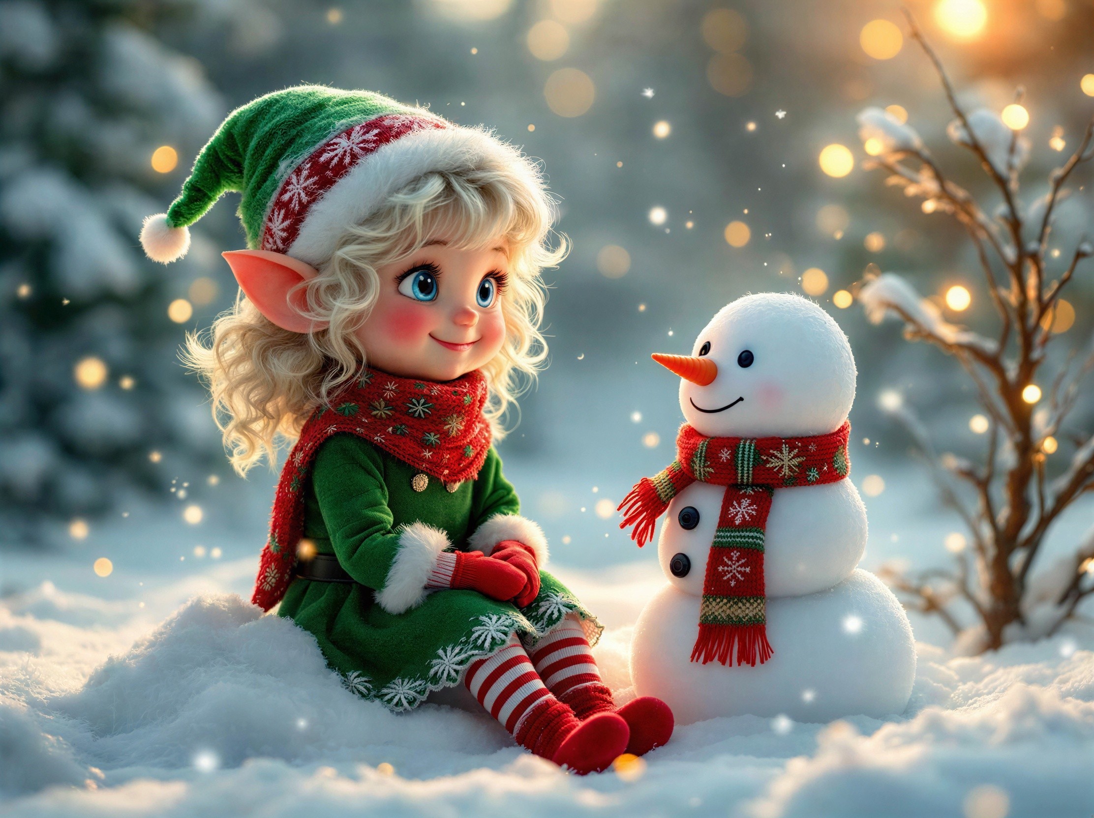 Cute Elf and Snowman in a Winter Wonderland Scene