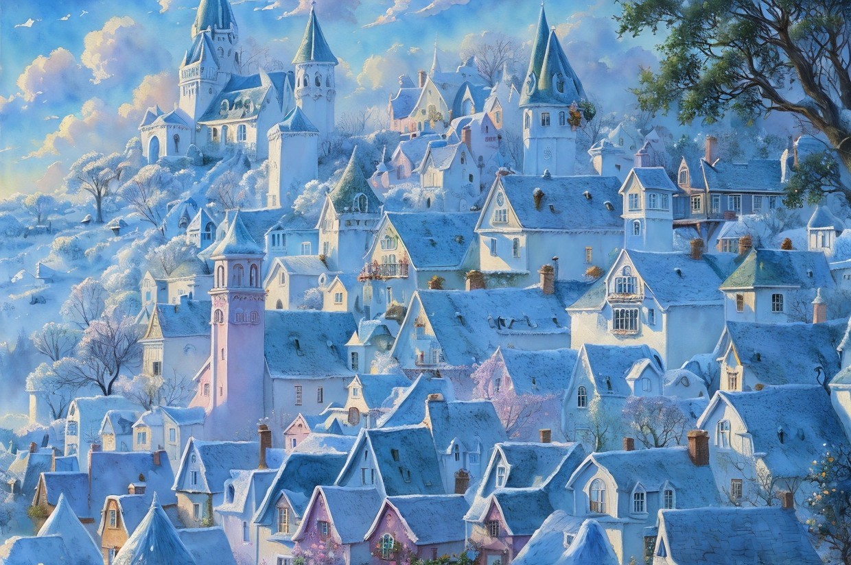 Winter Village Scene with Snow-Covered Houses and Trees