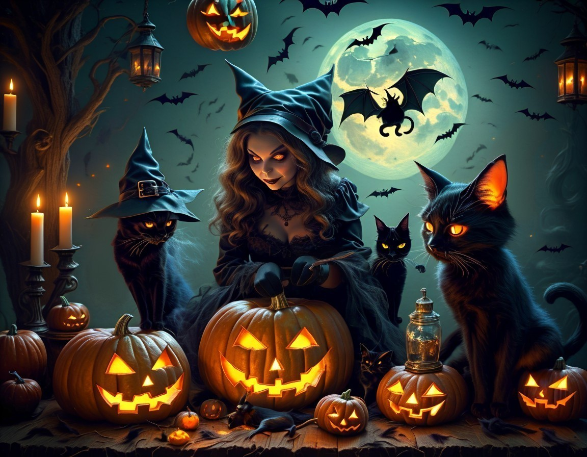Halloween Scene with Witch, Jack-o'-Lanterns, and Bats