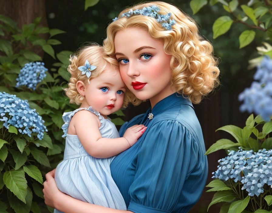 Young Woman and Toddler in Serene Garden Setting