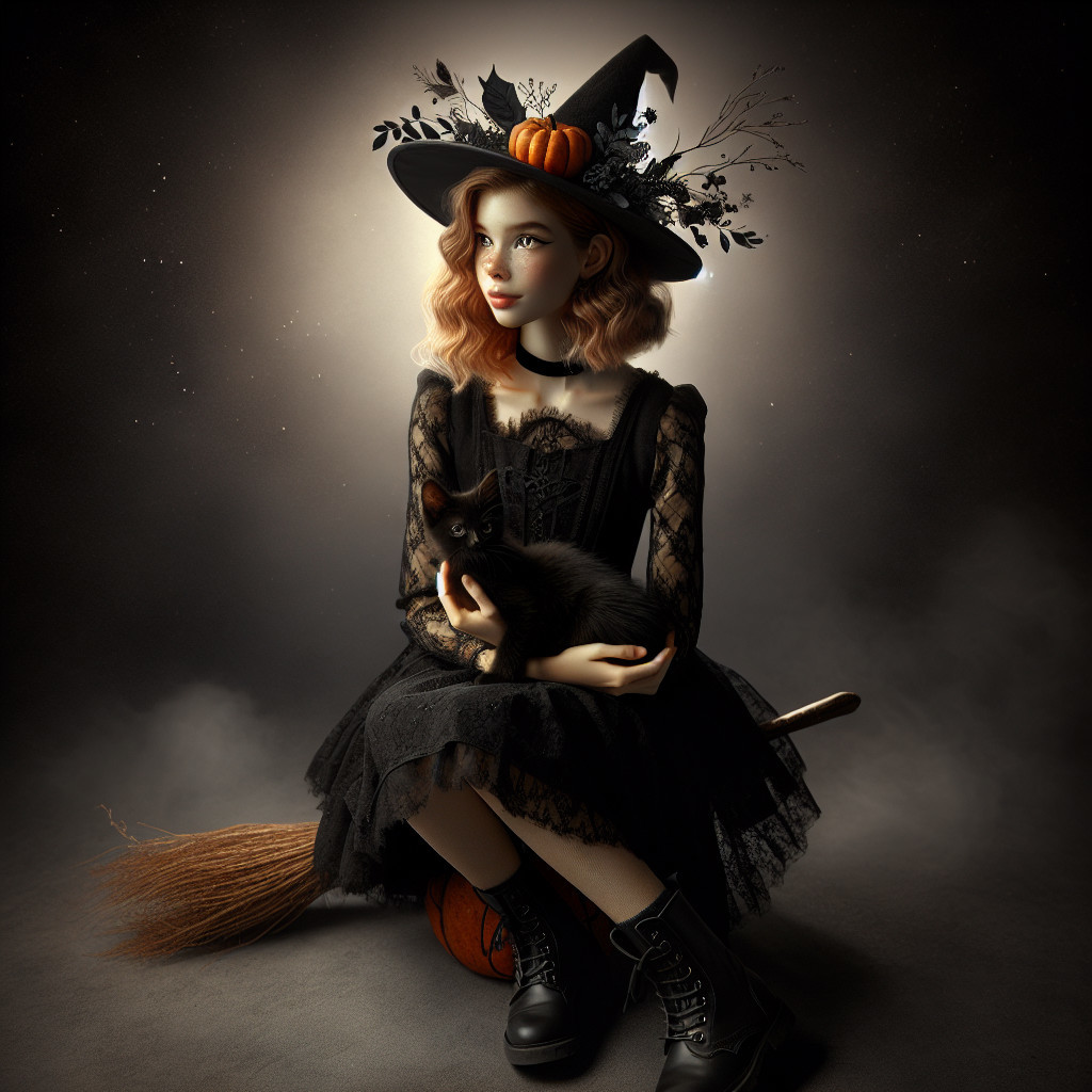 Young witch on pumpkin with cat in Halloween scene