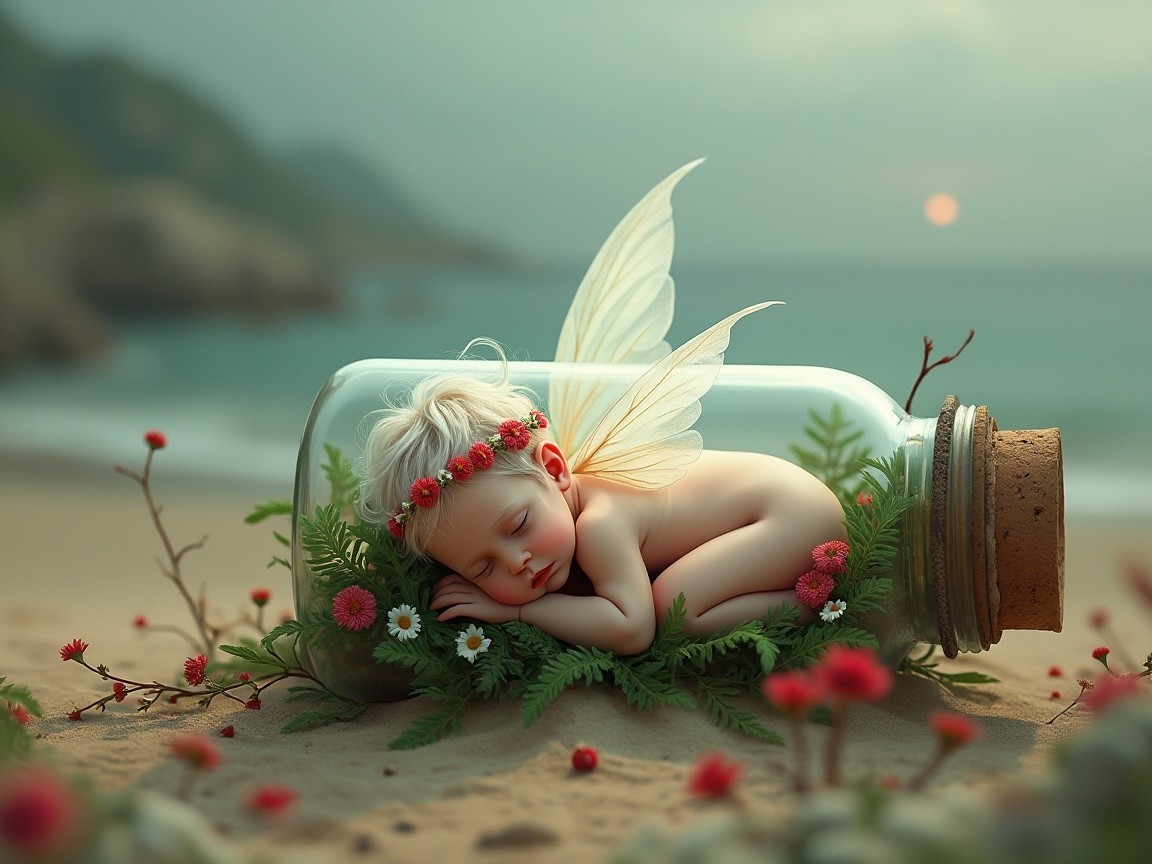 Sleeping Fairy in a Glass Jar on a Beach Scene