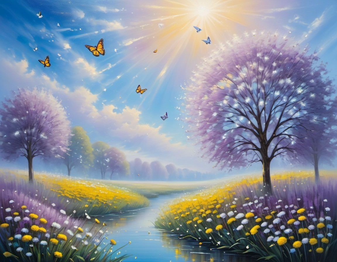 Serene Landscape with Purple Trees and Gentle Stream