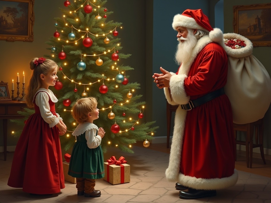 Santa Claus with Children in a Festively Decorated Room