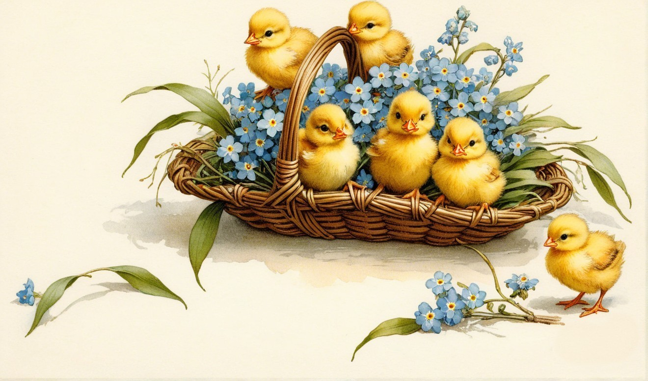 Woven Basket with Chicks and Forget-Me-Not Flowers