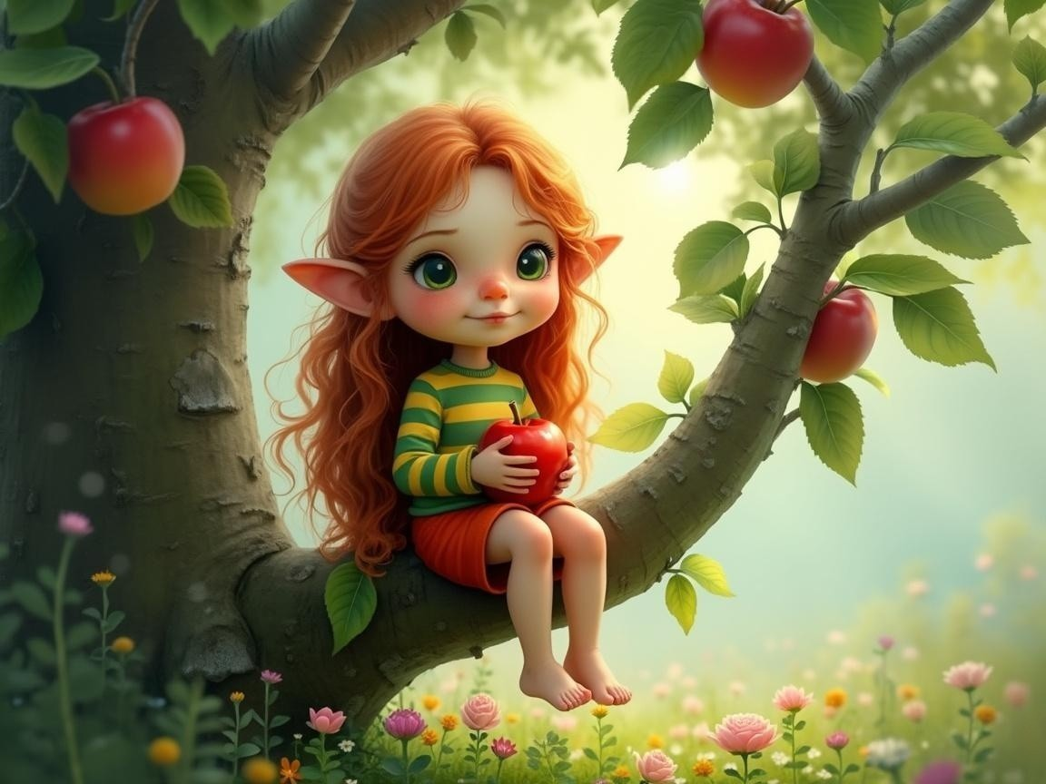 Whimsical scene of a girl with pointed ears in nature