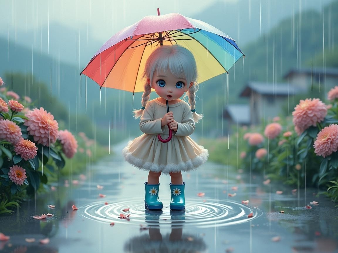 Child-like doll in rain with colorful umbrella and flowers