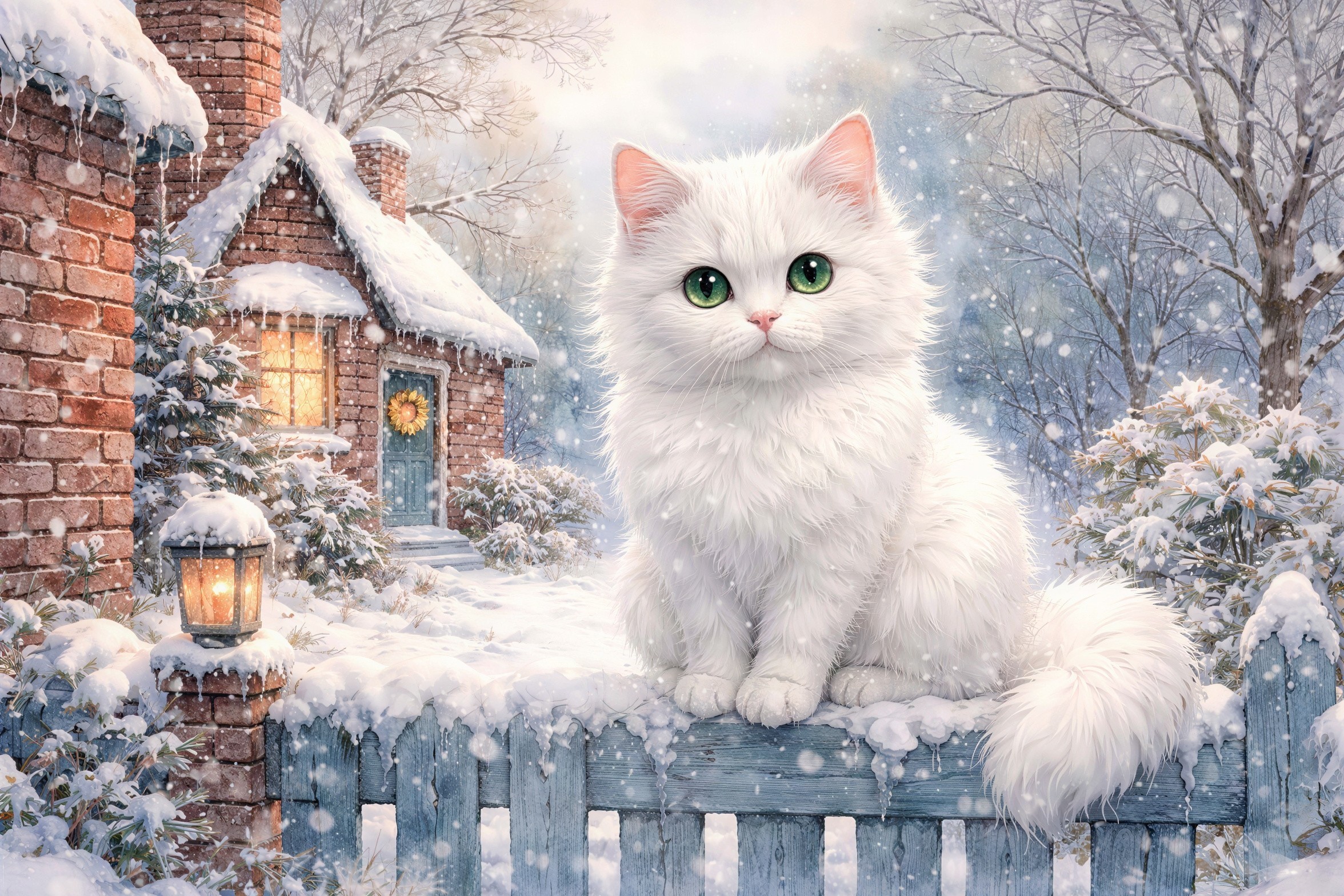 Fluffy White Cat on Snowy Fence in Winter Scene