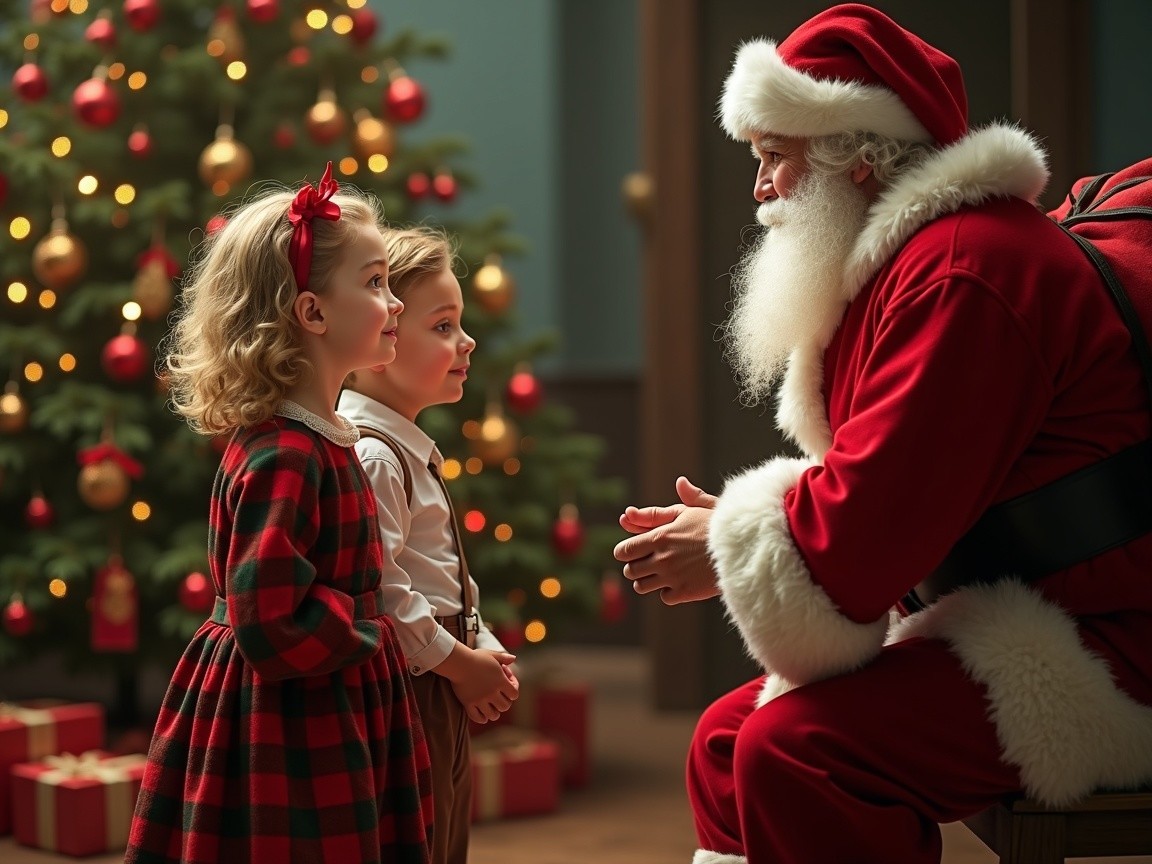 Profile of Santa Claus with Children in Festive Attire