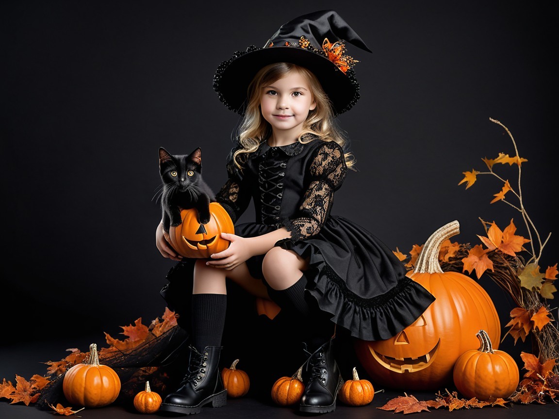 Young Girl in Witch Costume Surrounded by Pumpkins