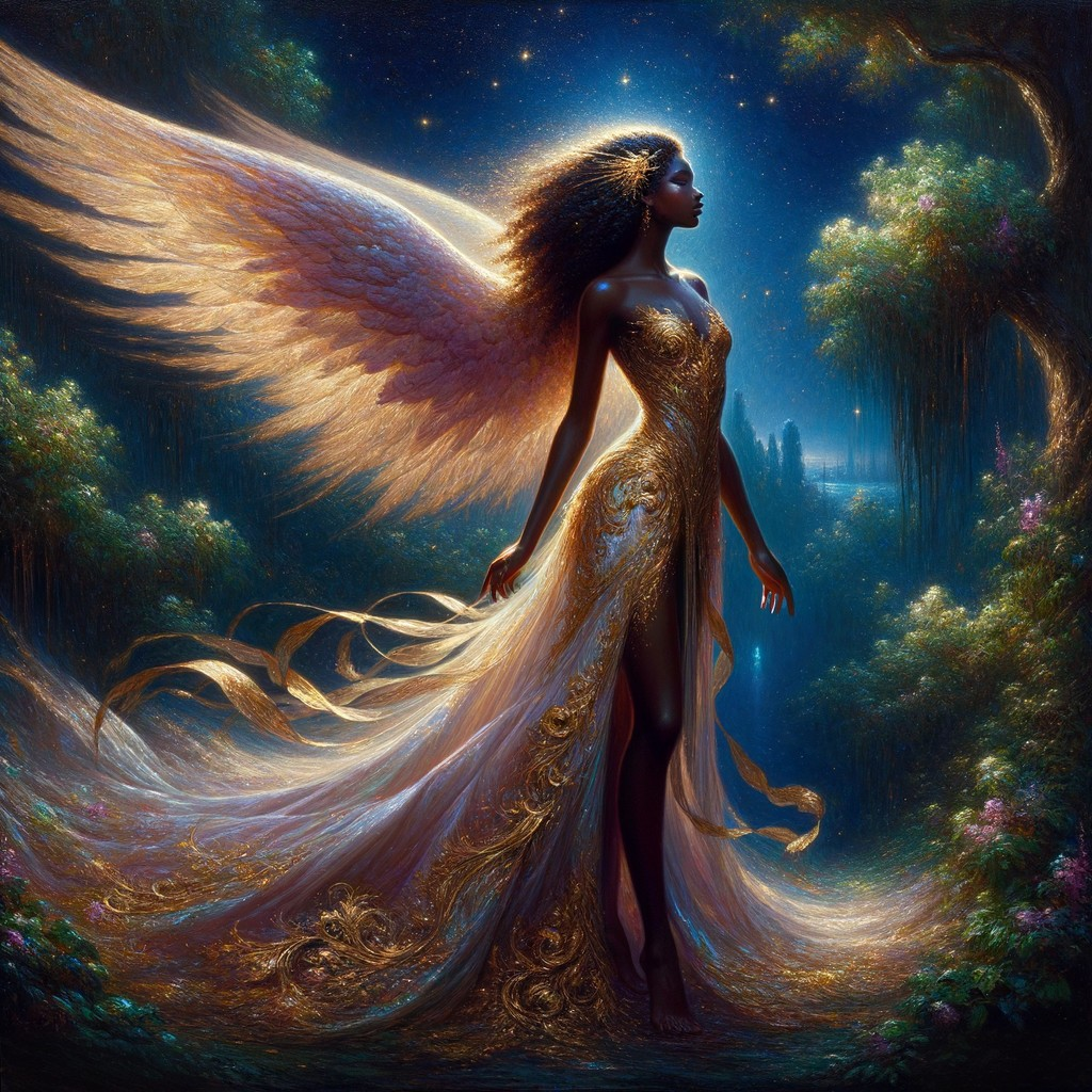 Ethereal Figure with Wings in Moonlit Forest Setting