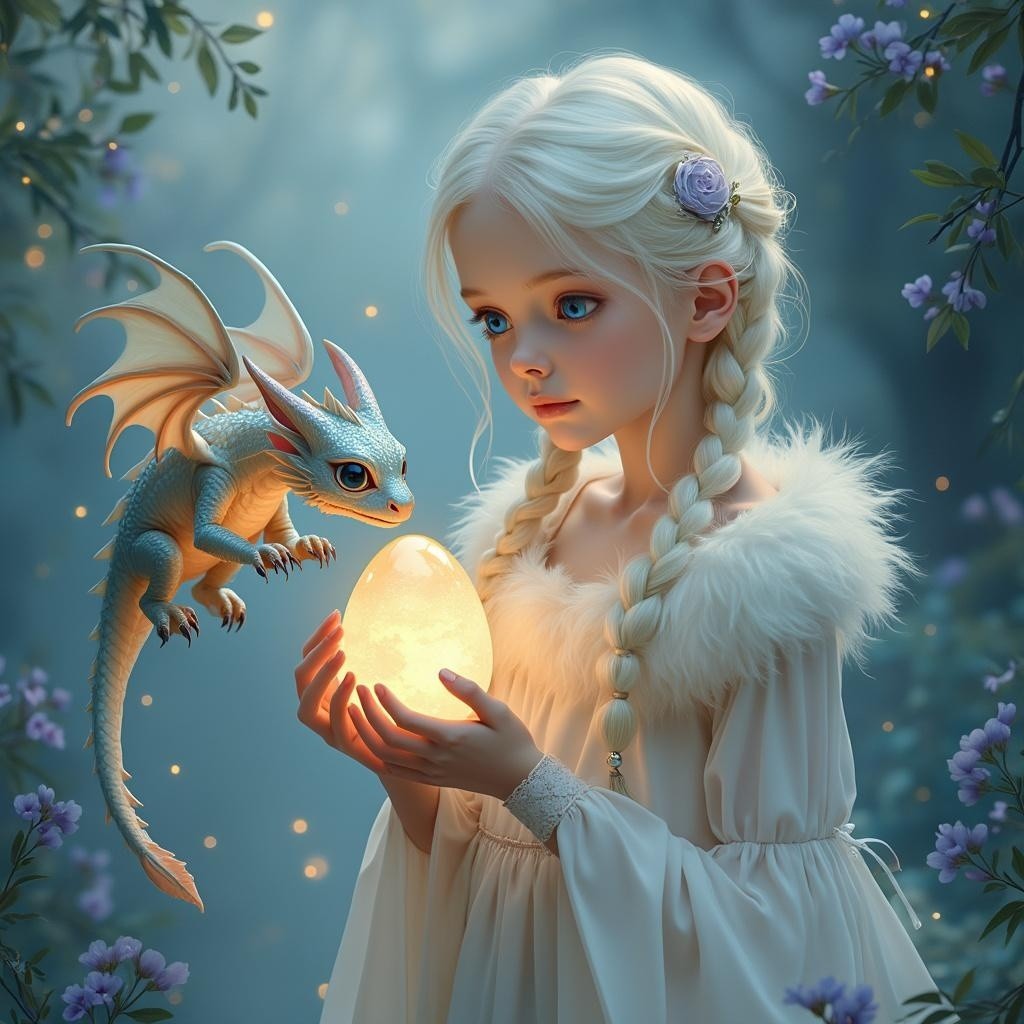 Young girl with dragon cradles glowing golden egg