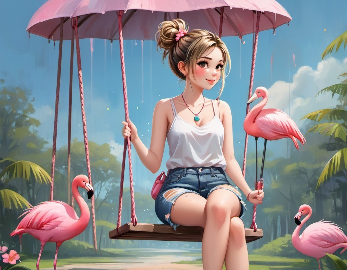 Young woman on swing under pink umbrella with flamingos