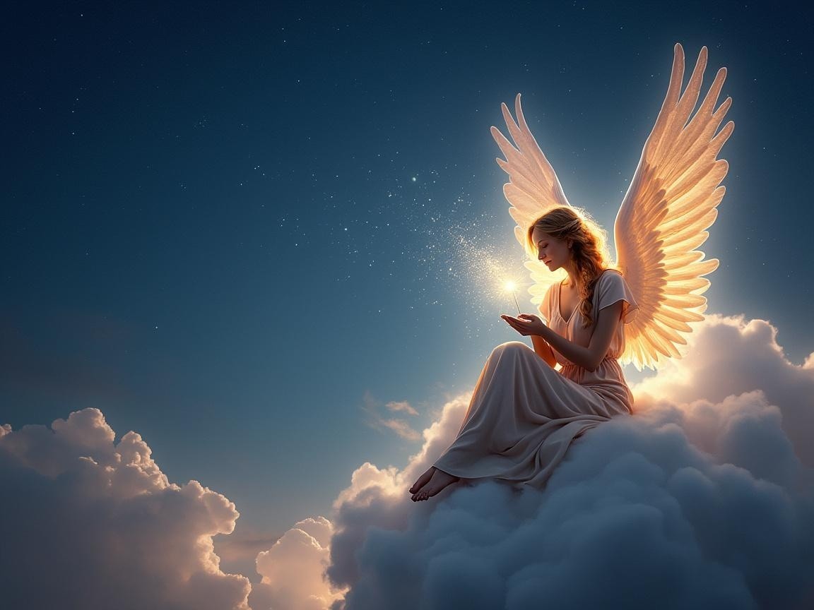 Serene figure with feathered wings on a cloud