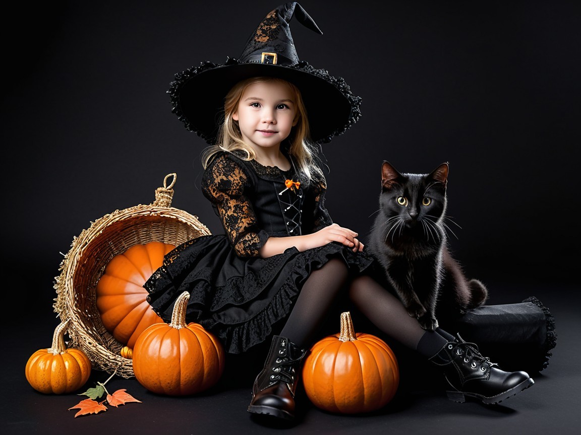 Young Girl in Witch Costume with Black Cat and Pumpkins