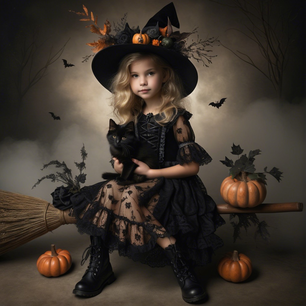 Young Girl in Witch Costume with Cat on Broomstick