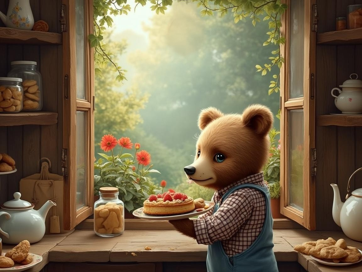 Cheerful bear in cozy kitchen with pastries and flowers