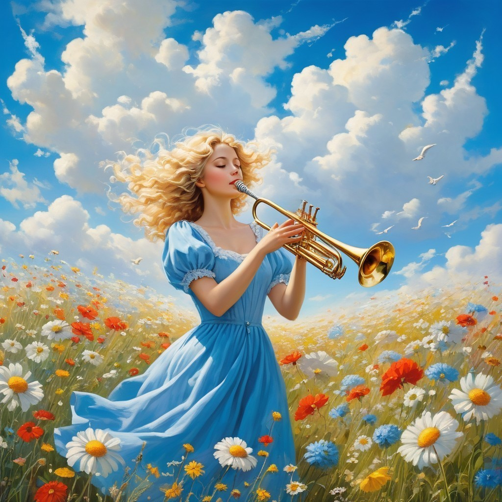 Young Woman in Blue Dress Playing Trumpet in Meadow