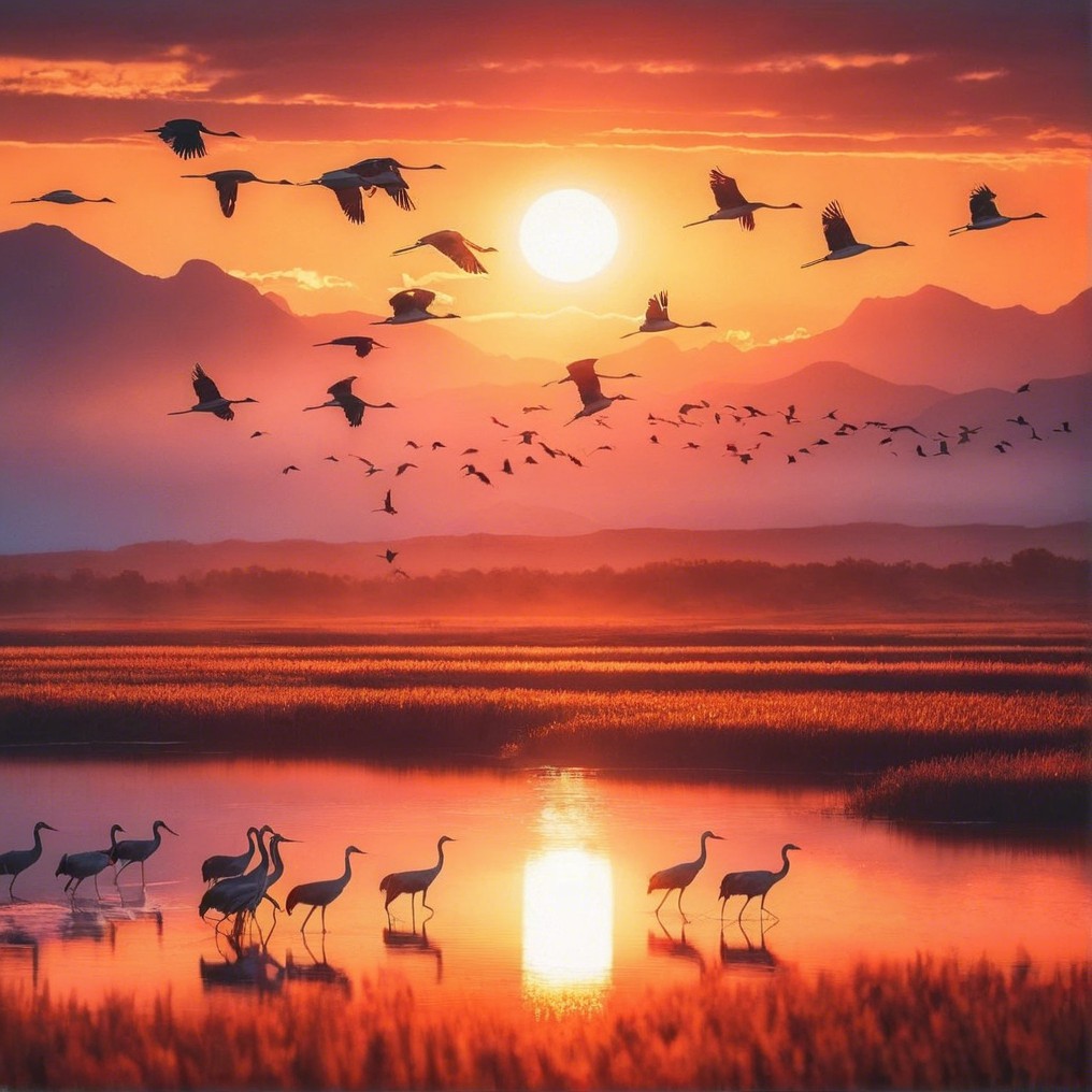 Sunset Over Lake with Cranes and Majestic Mountains