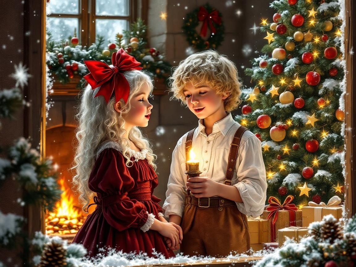 Children in Festive Room with Snowy Window View