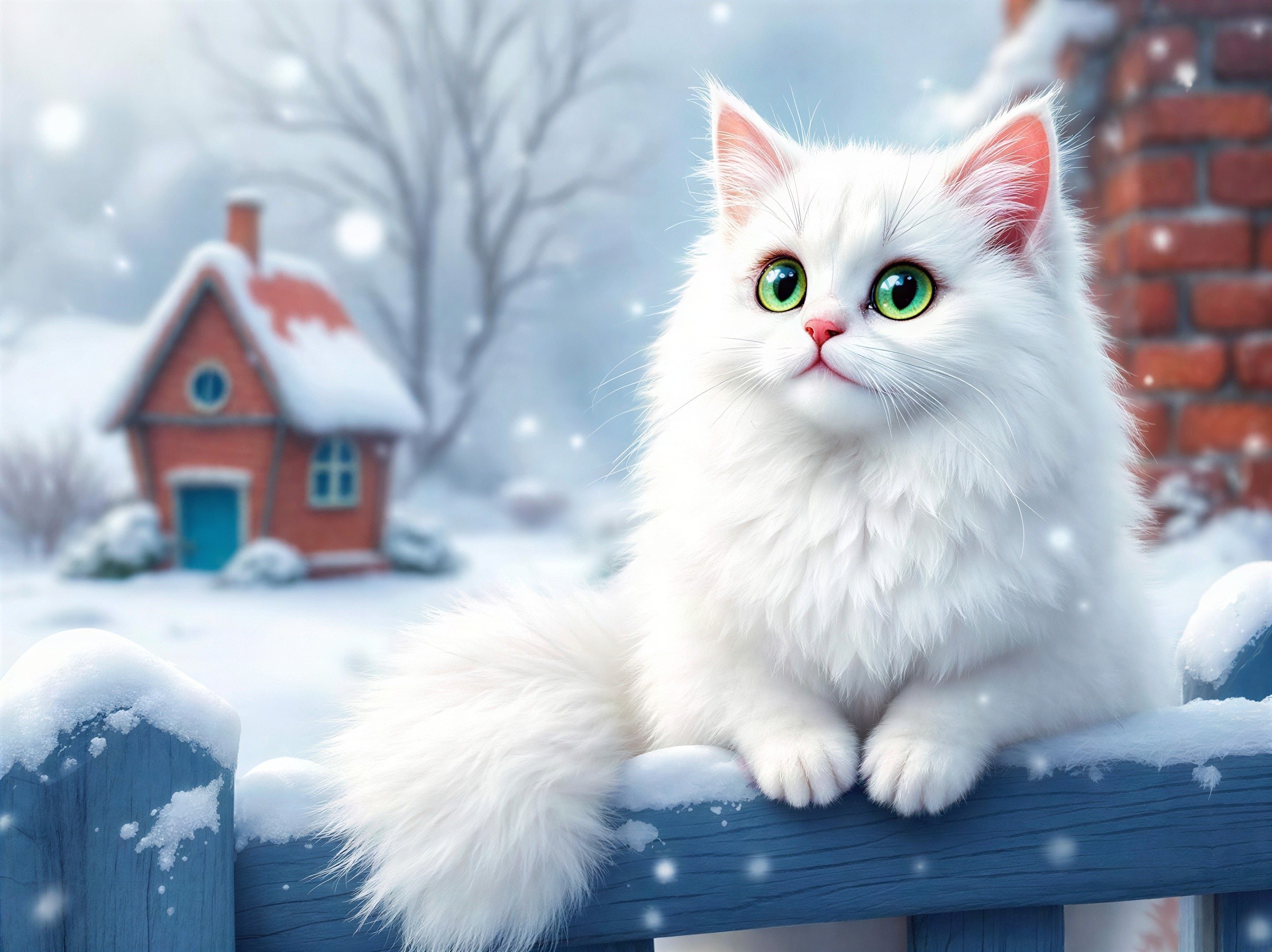 Fluffy White Cat on Snowy Fence with Red House Background