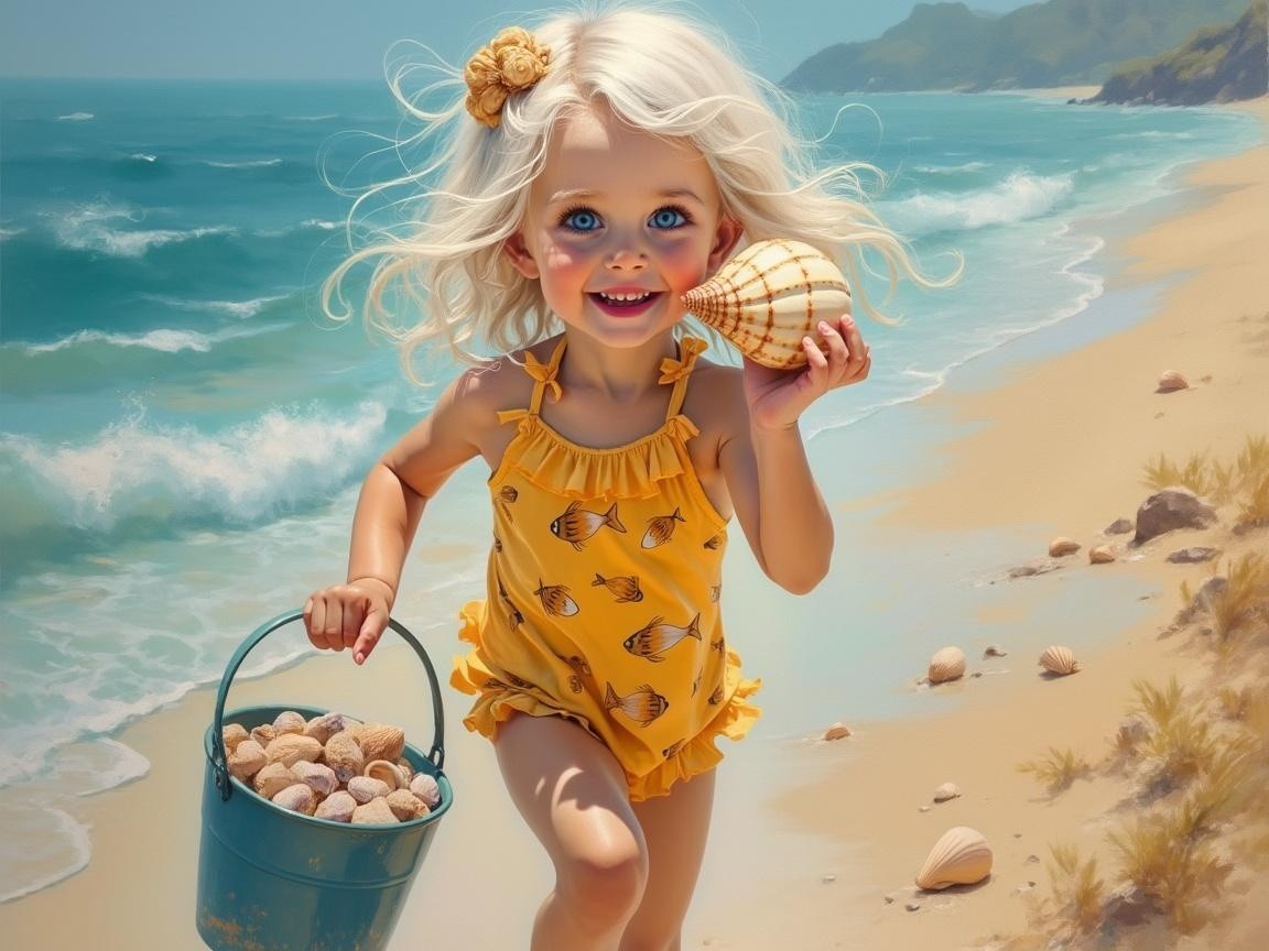 Young girl in yellow swimsuit on sunny beach with shells