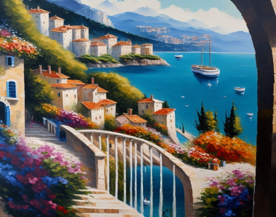 Coastal Village with Flowers and Scenic Architecture