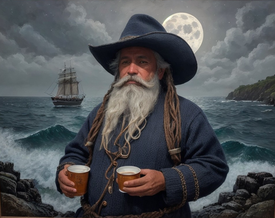 Bearded Man on Rocky Shores with Tall Ship and Moon