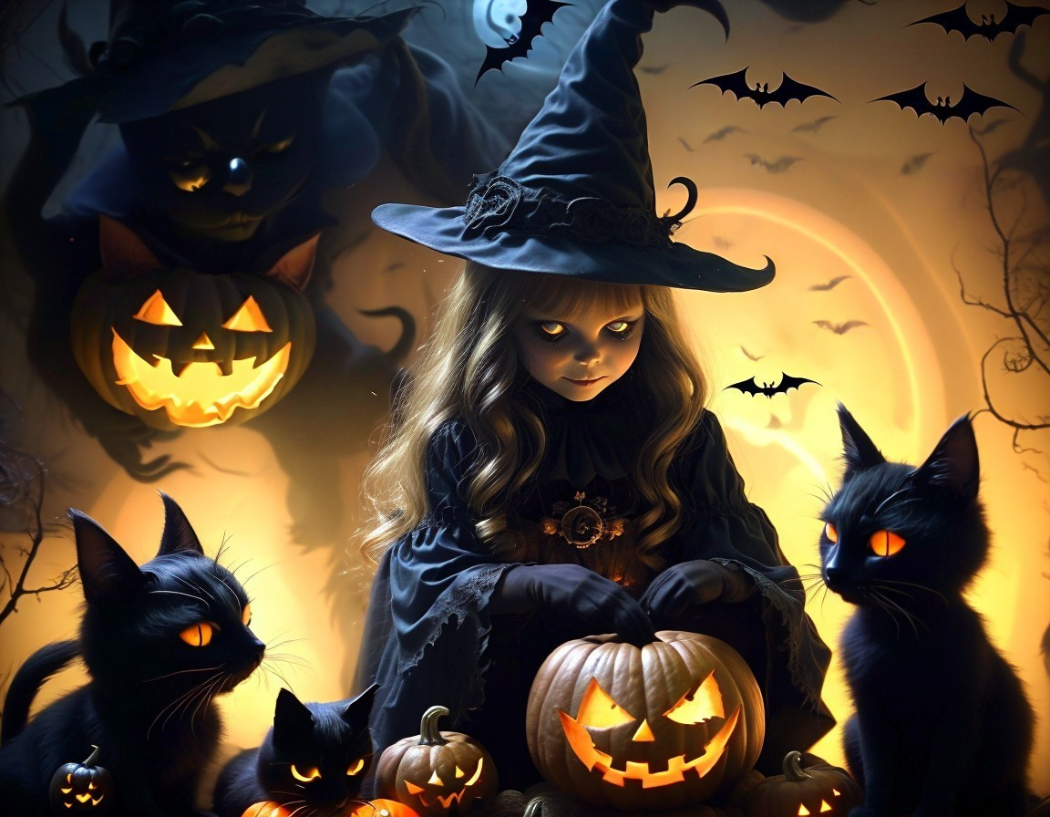 Young Witch Surrounded by Pumpkins and Black Cats