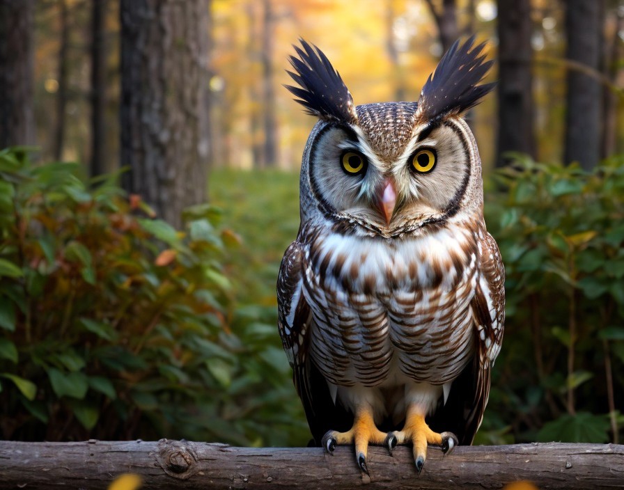 Owl on Log with Dramatic Feathers and Yellow Eyes