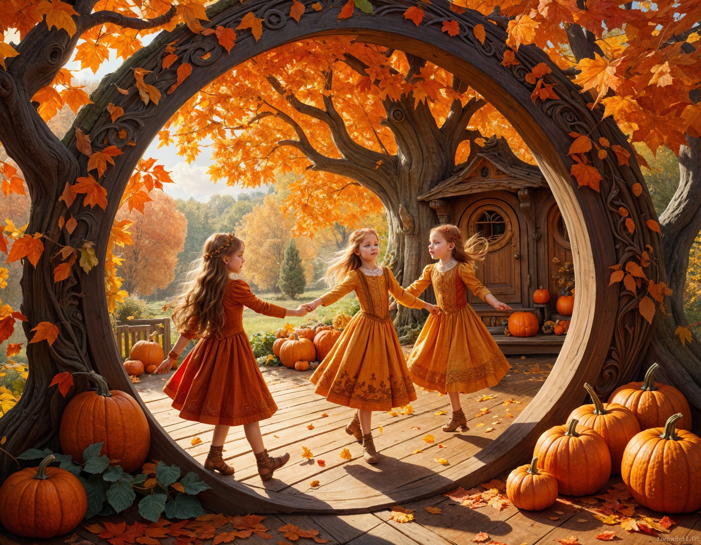 Whimsical Autumn Scene with Dancing Girls and Pumpkins