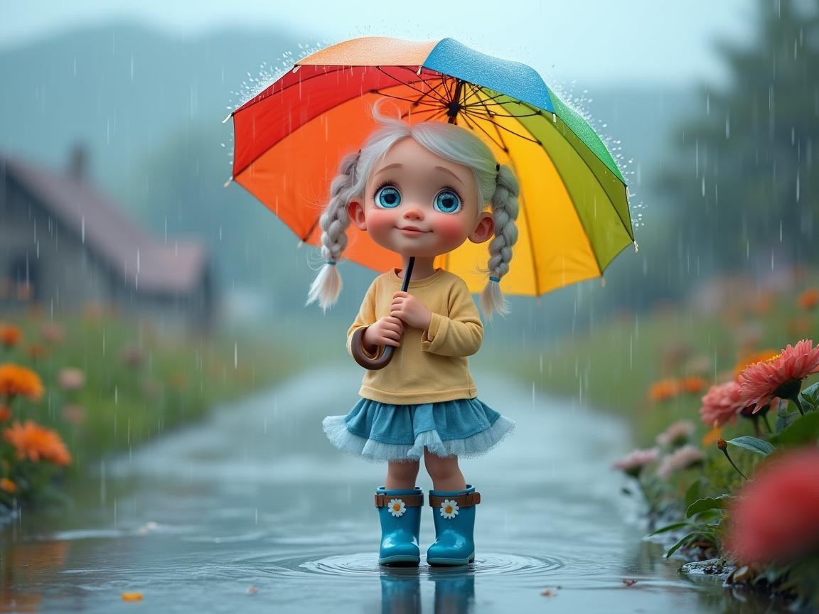 Young girl in rain with colorful umbrella and flowers