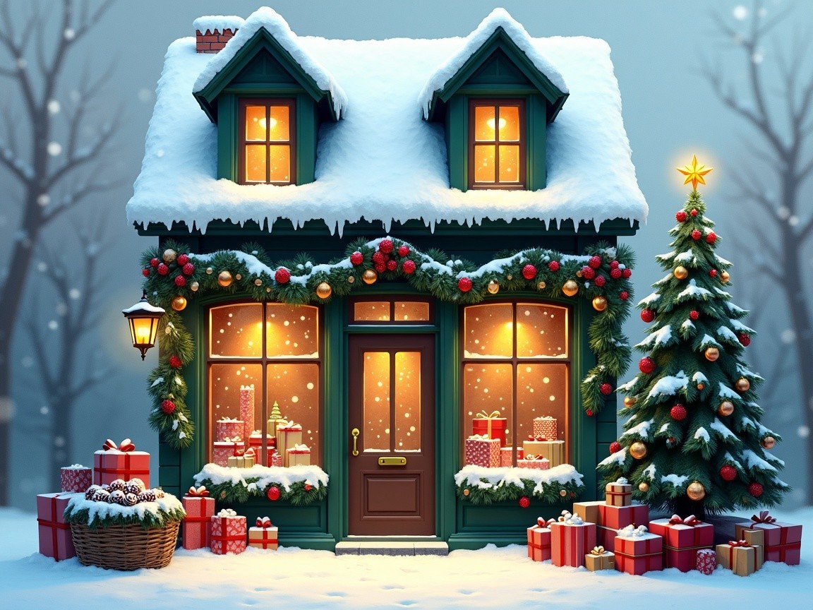 Cozy Snow-Covered Holiday Cottage with Christmas Decor