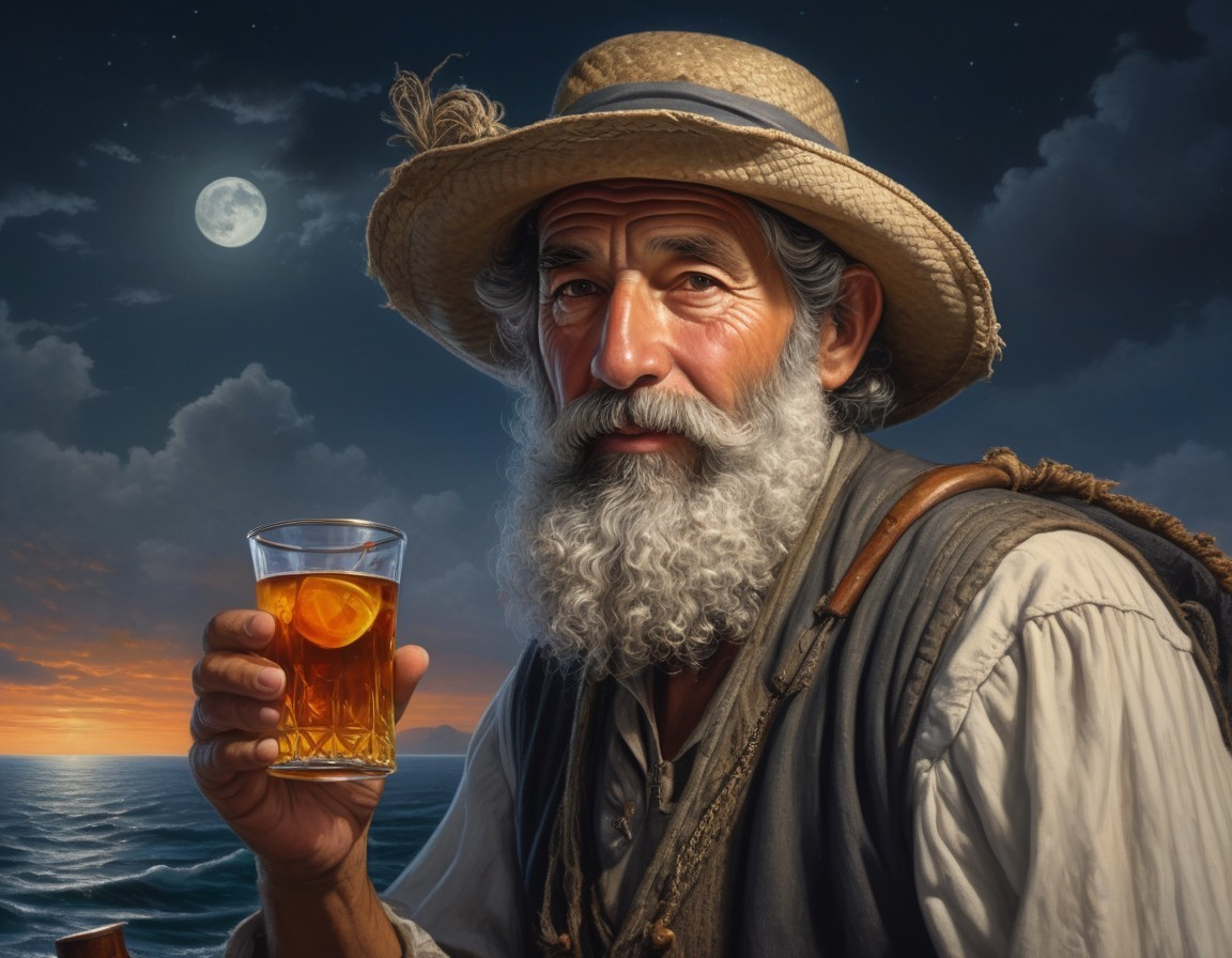 Elderly man by ocean at sunset with amber drink