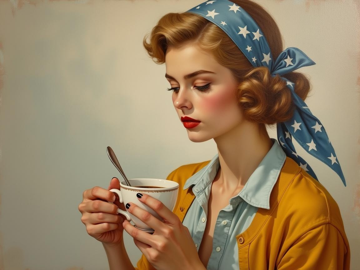 Young woman with vintage curls holding a cup