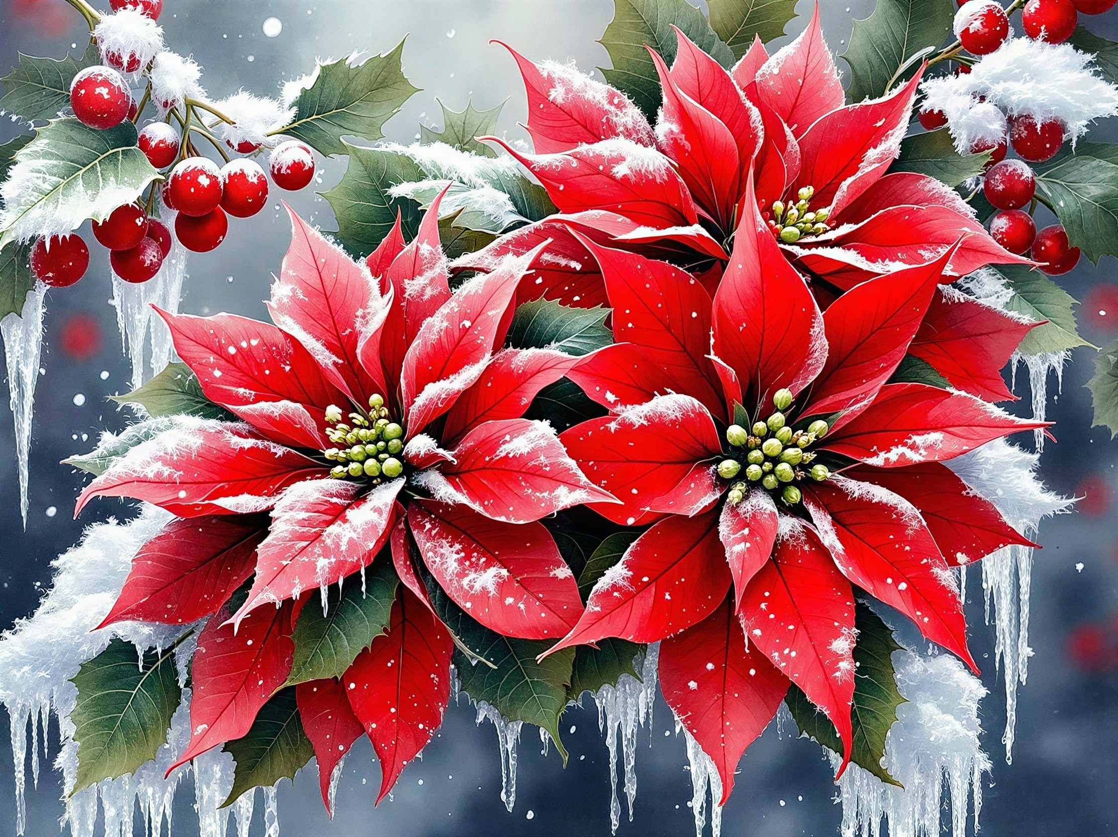 Close-Up of Snow-Dusted Red Poinsettias and Berries