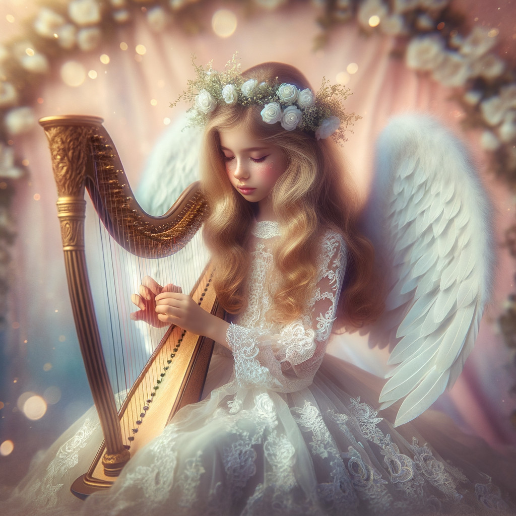 Young girl with wings playing a golden harp in lace gown