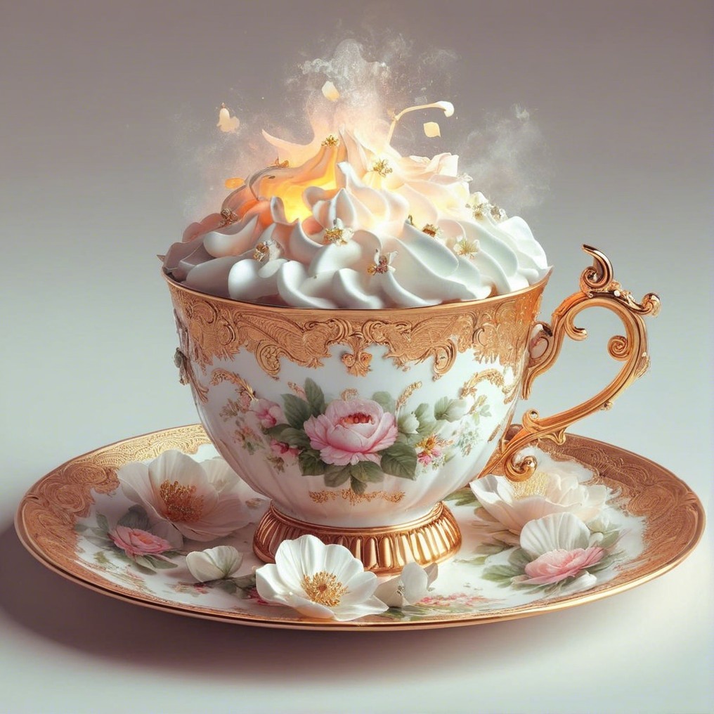 Ornate teacup with whipped cream and floral details