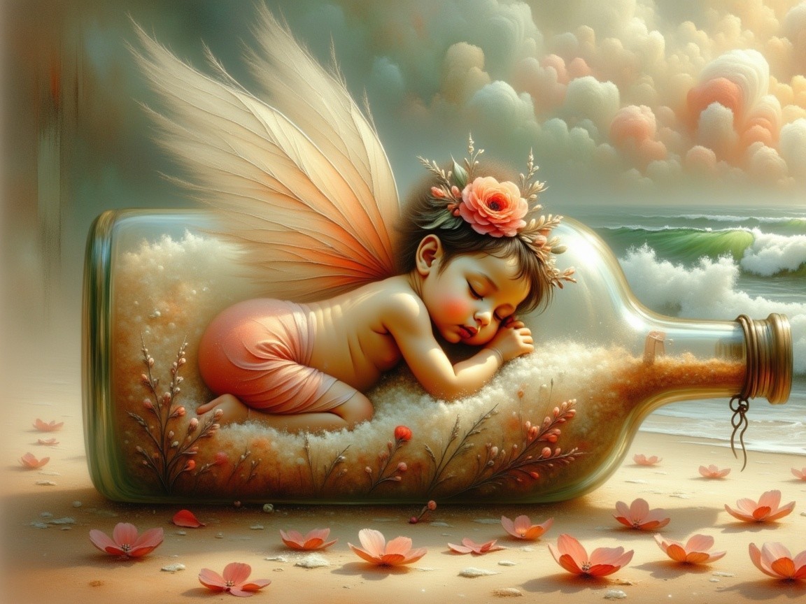 Fairy Child Sleeping in Glass Bottle on Sandy Shore