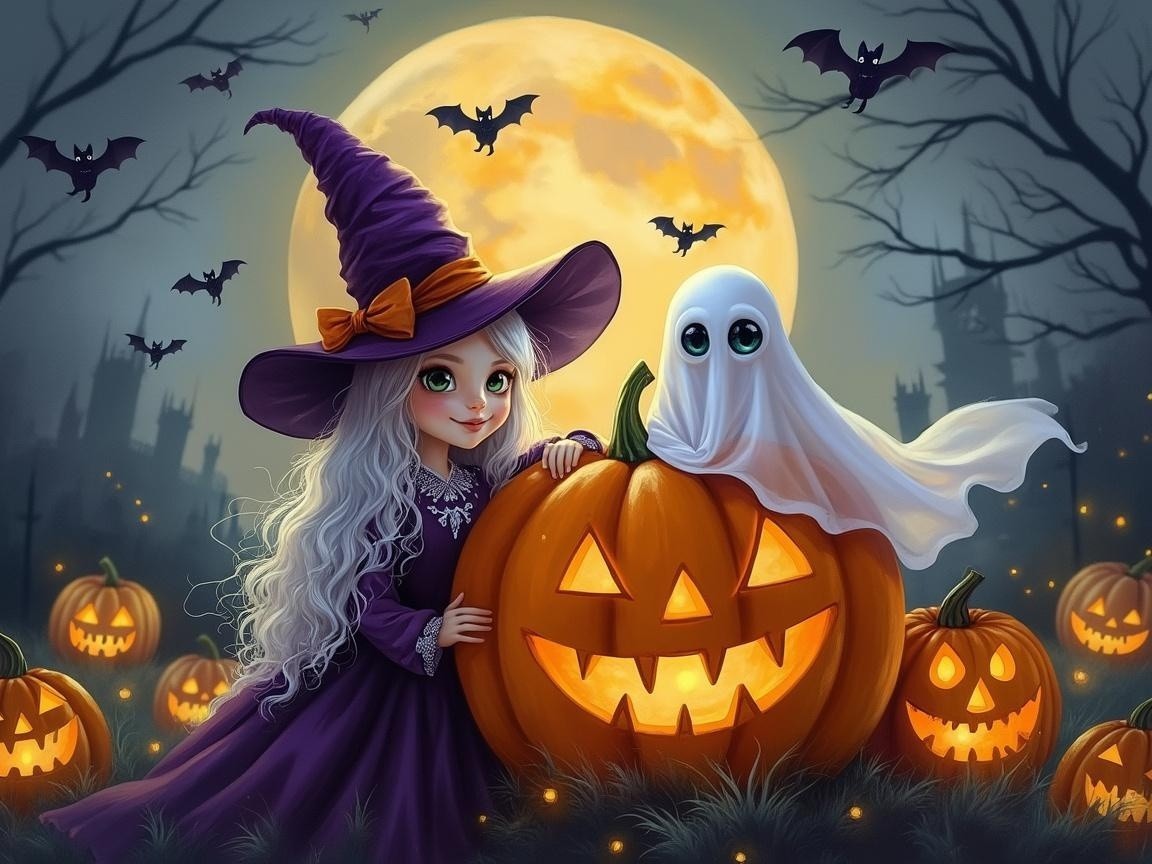 Whimsical Halloween Scene with Witch and Ghost