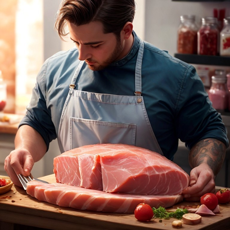 Chef Slicing Fresh Meat in Sunlit Kitchen Setting