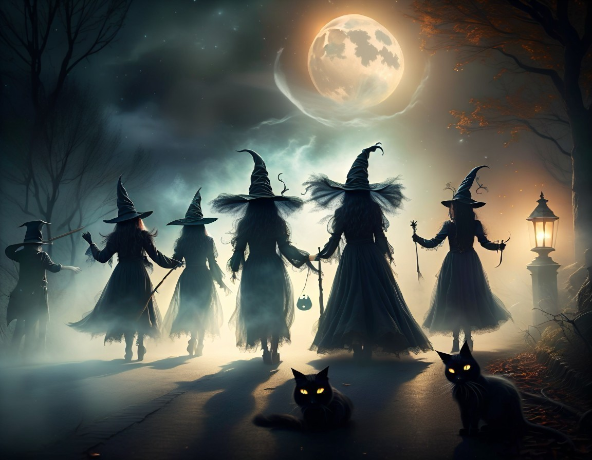 Witches in Black Gowns Under a Full Moon at Night