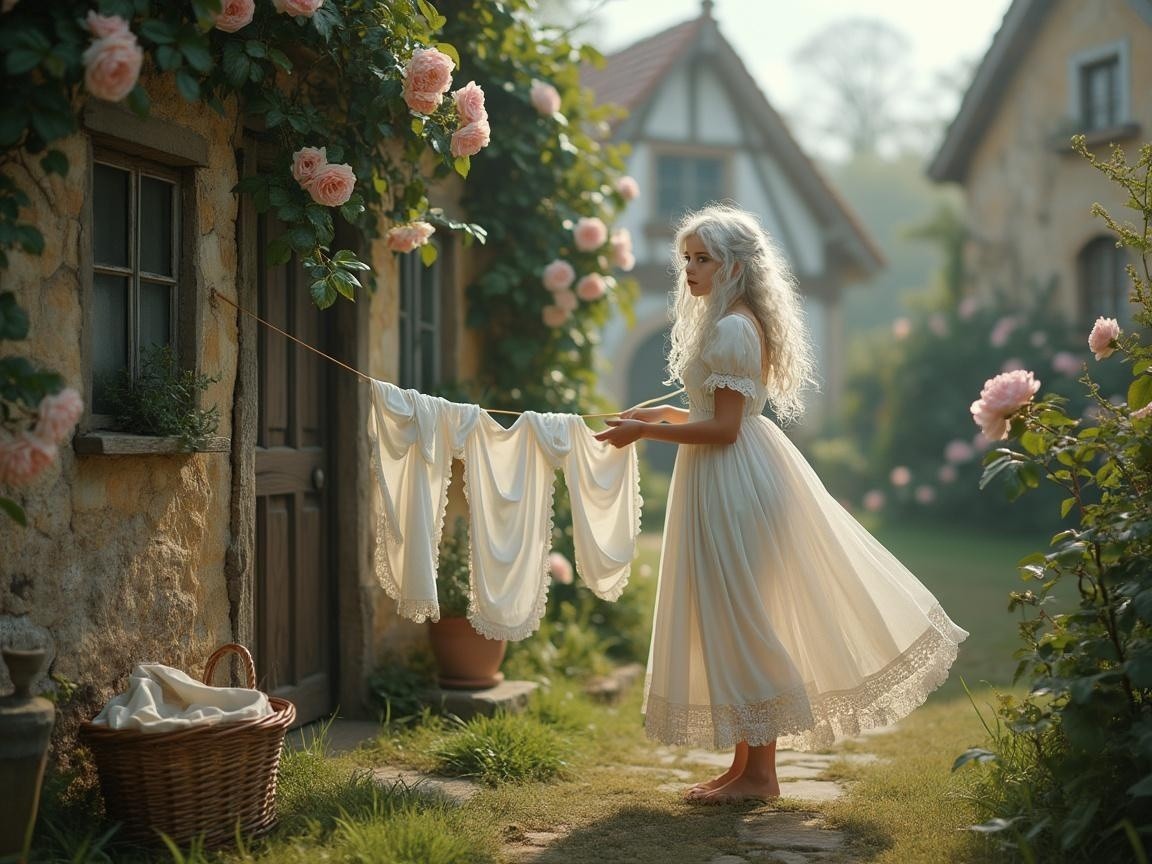 Young Woman Hanging Laundry by a Charming Cottage