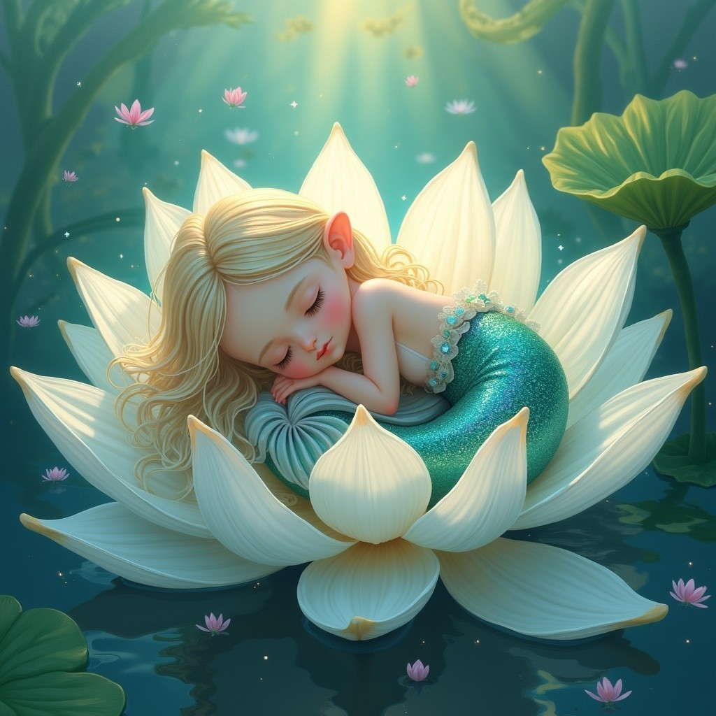 Young mermaid resting on a white lotus flower