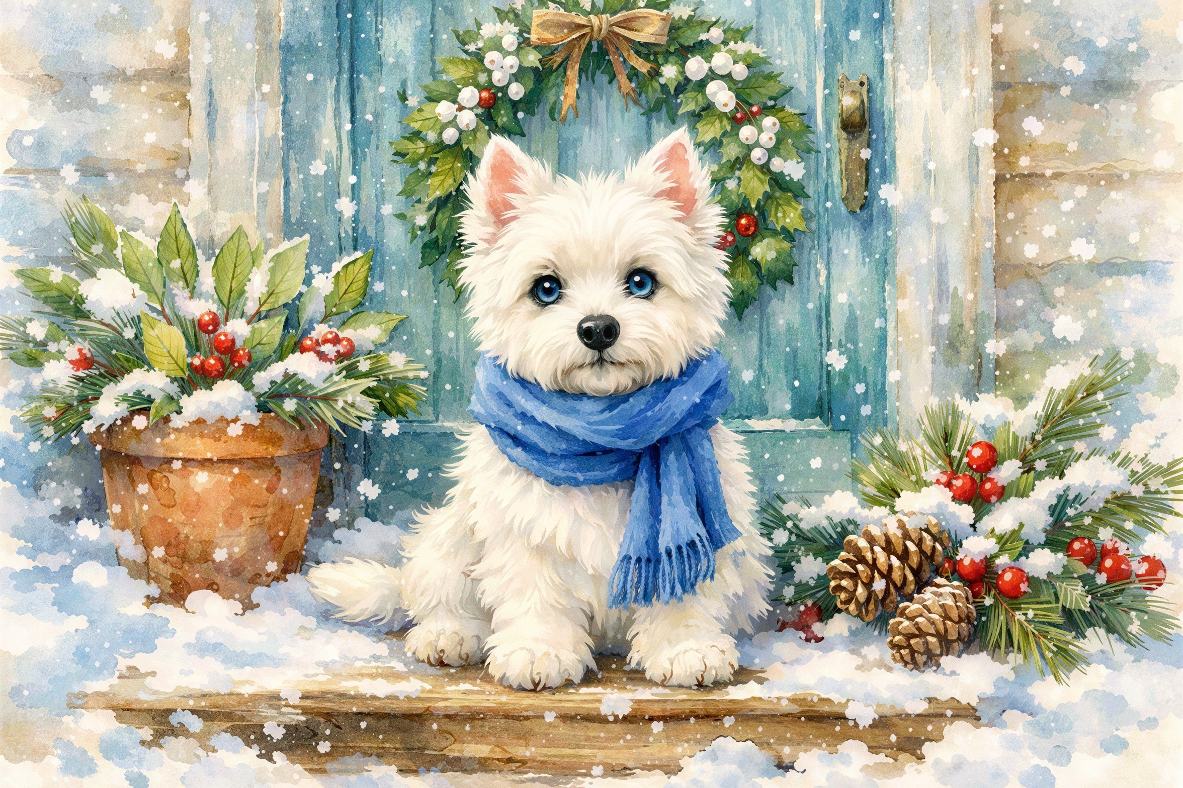 Watercolor of West Highland Terrier Puppy on Snowy Porch
