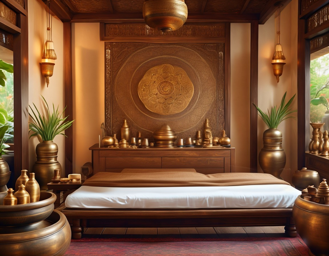 Tranquil Spa Room with Wooden Bed and Bronze Decor