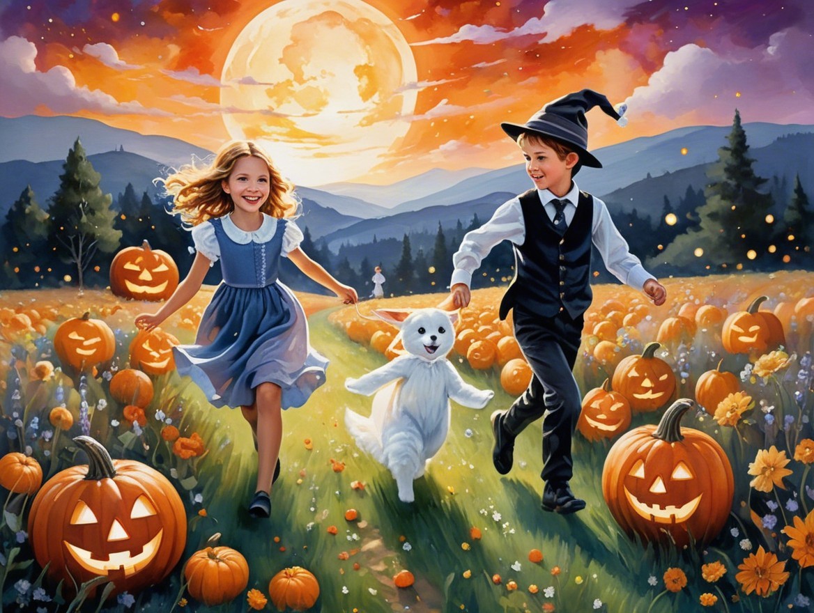Whimsical Autumn Scene with Children and Pumpkins