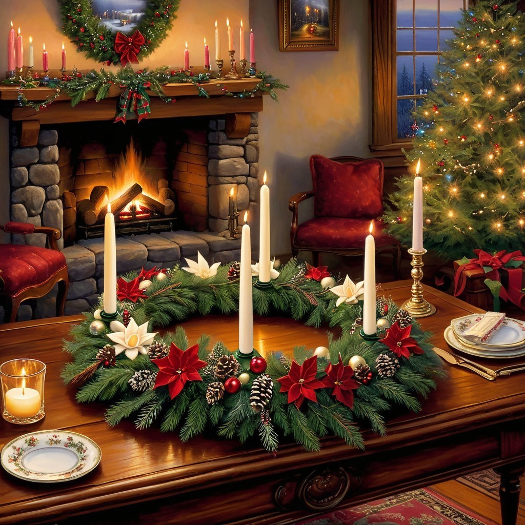 Cozy Holiday Scene with Decorated Table and Fireplace